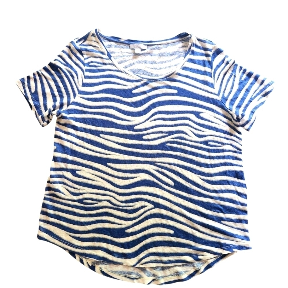 PURE COLLECTION 100% LINEN BLUE WHITE ZEBRA SHORT SLEEVE SHIRT SZ10
